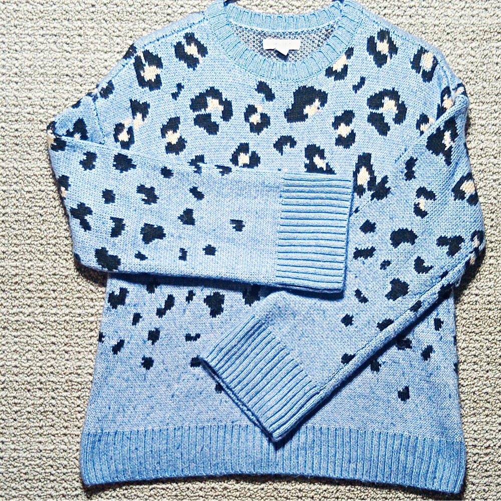 Nine West Women's S Blue Animal Print Knit Crew Neck Pullover Sweater #K6